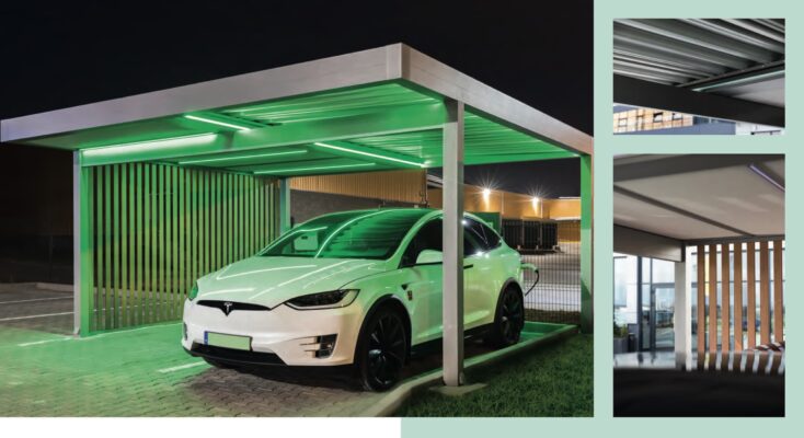 Design Carport aus Aluminium mit LED-Beleuchtung.