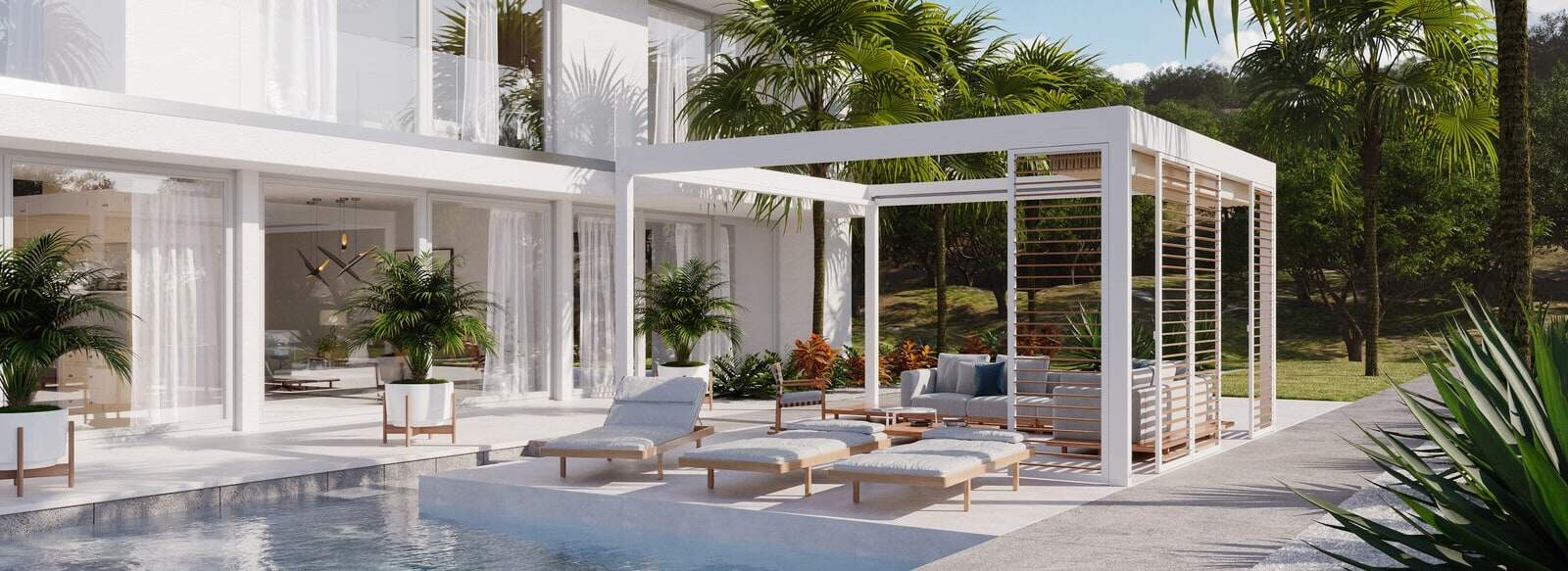 Moderne, freistehende bioklimatische Pergola aus weißem Aluminium mit drehbarem Lamellendach und seitlichen Shutters als Sonnenschutz am Pool einer Villa.
