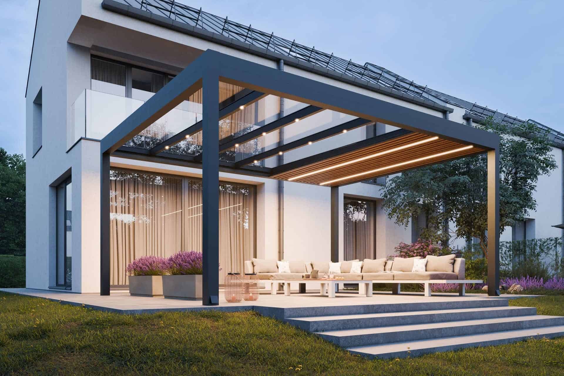 Design-Terrassenüberdachung aus Aluminium in Anthrazit mit transparenter Glaseindeckung und integrierten, dimmbaren LED-Spots für eine moderne Terrassengestaltung.