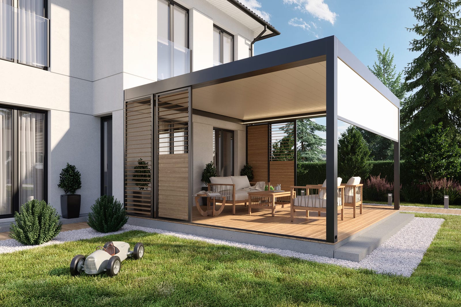 Terrassenüberdachung mit Sonnenschutz Montage